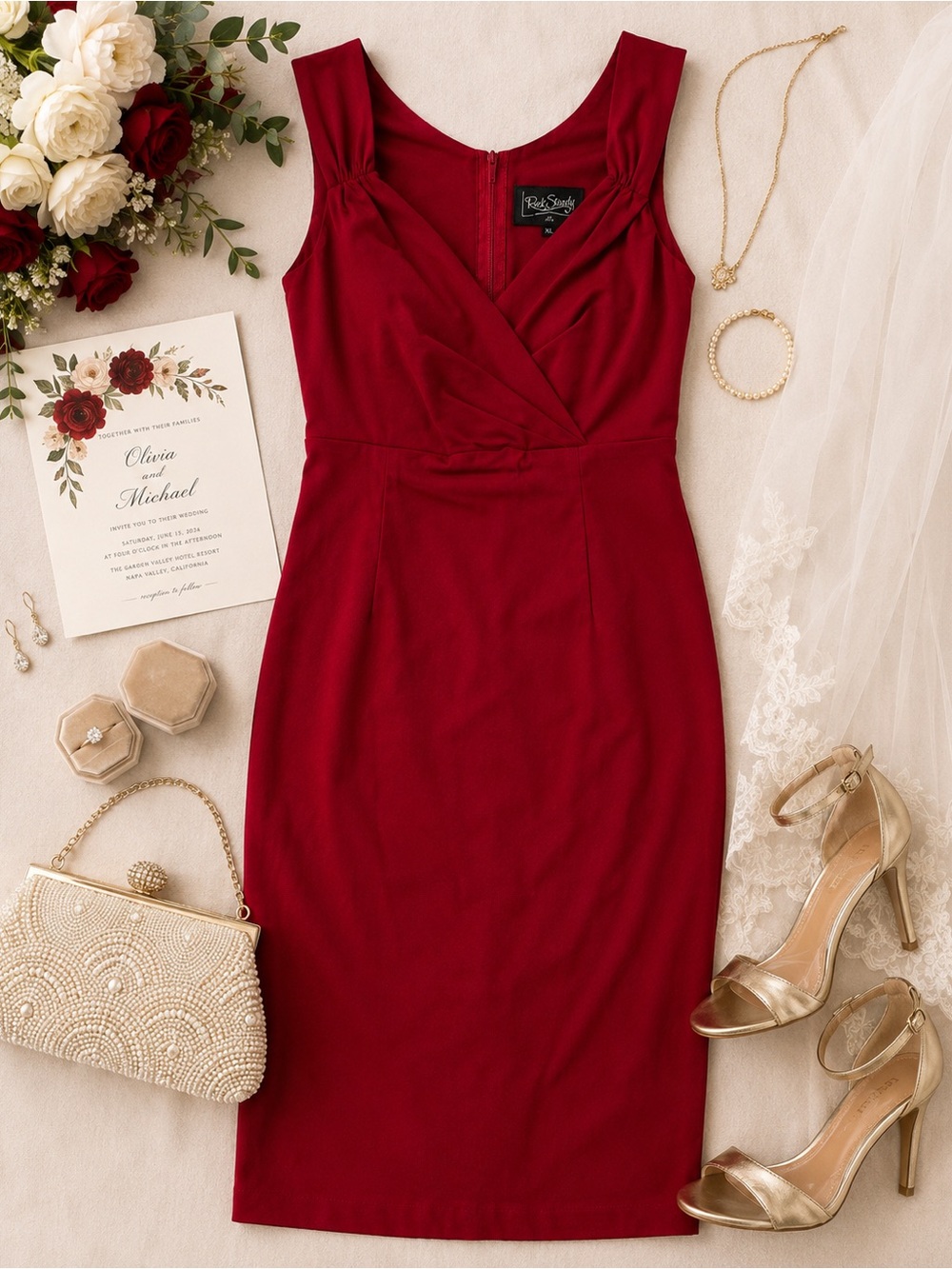 Rock Steady Deep Red Wiggle Cocktail Dress XL Pinup Retro Party Midi - Picture 2 of 10